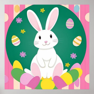 Poster Lapin de Pâques mignon avec des œufs décoratifs