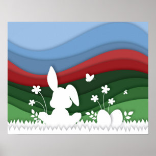 Poster Lapin de Pâques sur la prairie vert rouge nature