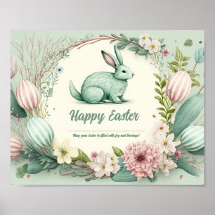 Poster Lapin de Pâques vert sauge avec des œufs pastel ra