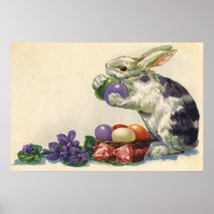 Poster Lapin de Pâques victorien vintage, Œufs et Fleurs
