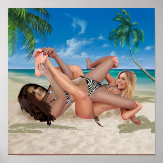 POSTER LAPIN DE PLAGE AU LUTTE DE CHATOUILLEMENT