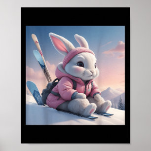 Poster Lapin de ski bébé dans le motif d'hiver enneigé La