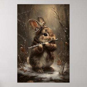Poster Lapin d'hiver jouant de la flûte dans une impressi