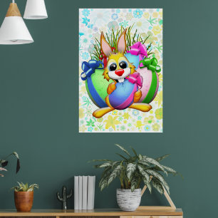 Poster Lapin drôle mordant un œuf de Pâques