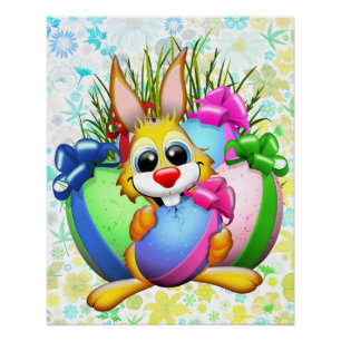 Poster Lapin drôle mordant un œuf de Pâques