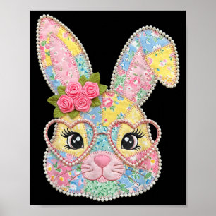 Poster Lapin drôle visage lunettes patchwork floral lapin