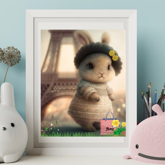 Poster Lapin en robe blanche Tour Eiffel Personnalisé