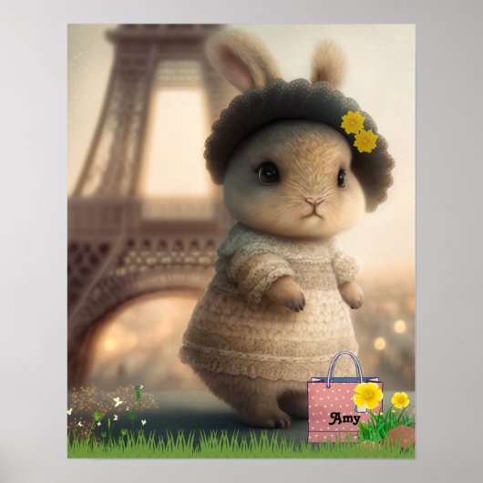 Poster Lapin en robe blanche Tour Eiffel Personnalisé (Devant)