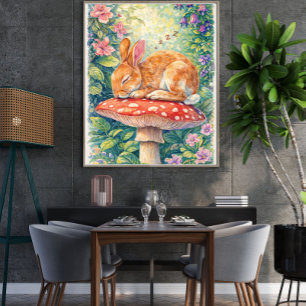 Poster Lapin endormi sur un champignon – Bois fantaisiste