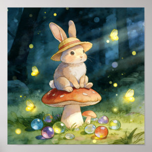 Poster Lapin Fantaisiste Mignon sur Champignon Forêt Magi