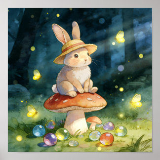 Poster Lapin Fantaisiste Mignon sur Champignon Forêt Magi