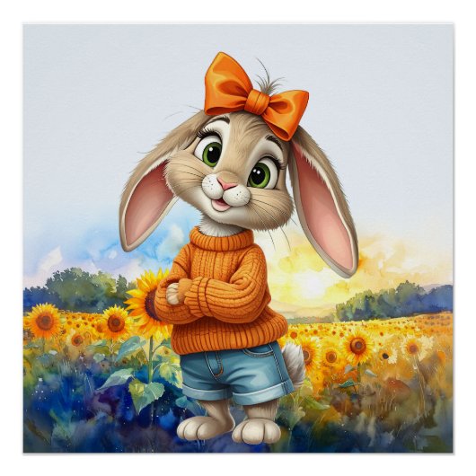 Poster Lapin féminin champ de tournesols (Devant)
