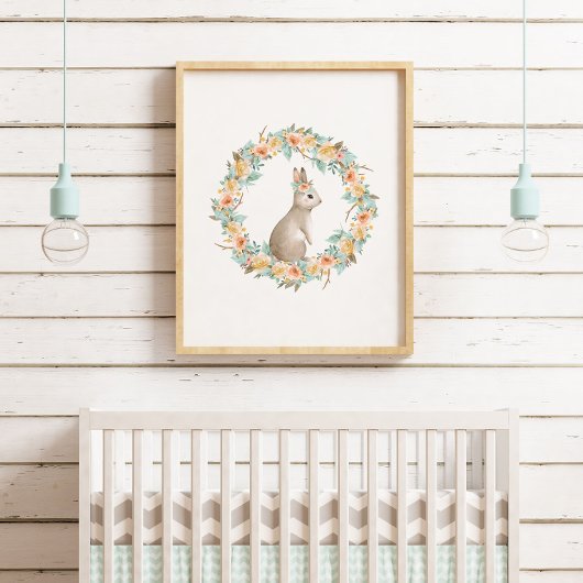 Poster Lapin Floral Aquarelle Lapin Bois Pépinière