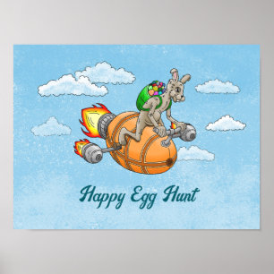 Poster Lapin Fusée chasse aux œufs de Pâques