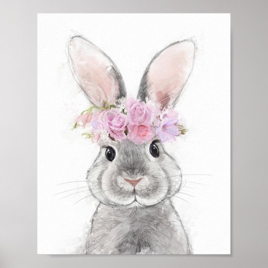 Poster Lapin gris avec Portrait de couronne de fleurs (Devant)
