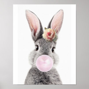 Poster Lapin gris soufflant une fleur d'anémone en gomme 