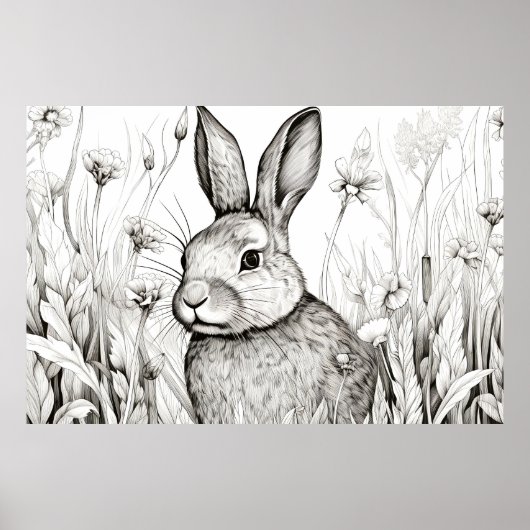 Poster Lapin Lapin Nature paisible Prairie Sketch Art (Devant)