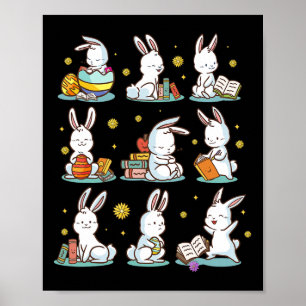 Poster Lapin lisant un livre Joyeuses Pâques Enfant lecte