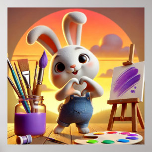 Poster Lapin mignon avec fournitures de peinture au couch