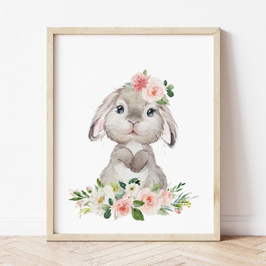 Poster Lapin mignon, Lapin, Fleurs roses, Nourriture pour