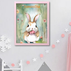 Poster Lapin mignon pastel aquarelle fleurs printanières