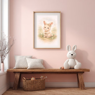 Poster Lapin Mignon Tenant Une Fleur Chambre Enfant Neutr
