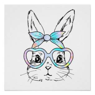 Poster Lapin Mignon Visage Lunettes Tie Dye Fille Heureus