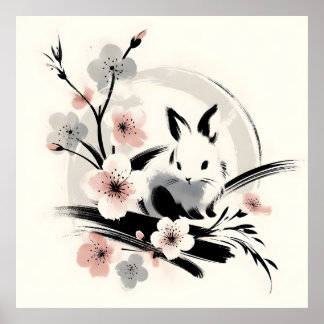 Poster Lapin minimaliste à l'encre Zen Cerisier en fleurs
