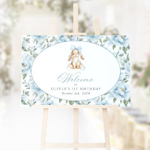 Poster Lapin, Nœud, Fleurs Bleues, Bienvenue pour le Prem