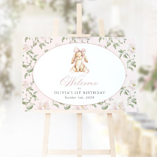 Poster Lapin, Nœud, Fleurs Roses, Bienvenue pour le Premi