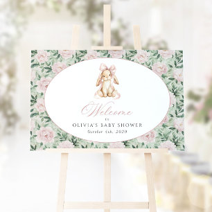 Poster Lapin, Nœud Rose, Fleurs Roses, Bienvenue à la Bab