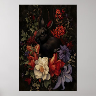 Poster Lapin noir Art botanique mural, Sombre