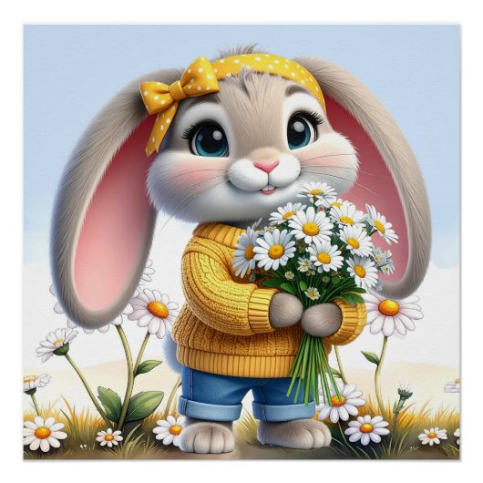 Poster Lapin oreilles roses marguerites blanches (Devant)