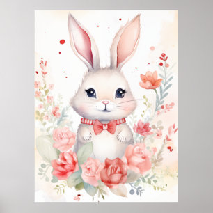 Poster Lapin pastel avec roses et nœud rouge
