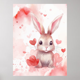 Poster Lapin pastel super mignon coeurs Coeurs rouges