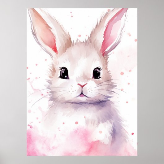 Poster Lapin pastel surpris coeurs roses (Devant)