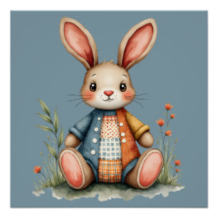 Poster Lapin Patchwork Fantaisiste Cottagecore Bois