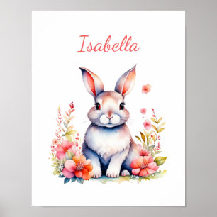 Poster Lapin personnalisé aux fleurs roses