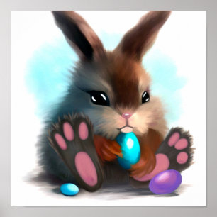 Poster Lapin poilu avec des œufs de Pâques bleus et viole