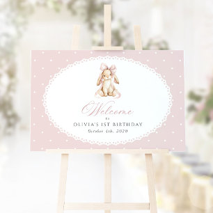 Poster Lapin, pois roses, Bienvenue pour le premier anniv