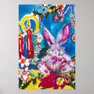 POSTER LAPIN ROSE,BOUGIES DE NOËL ET HOLLYBERRIES