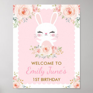 Poster Lapin Rose Floral Cute Rabbit 1er fête d'anniversa
