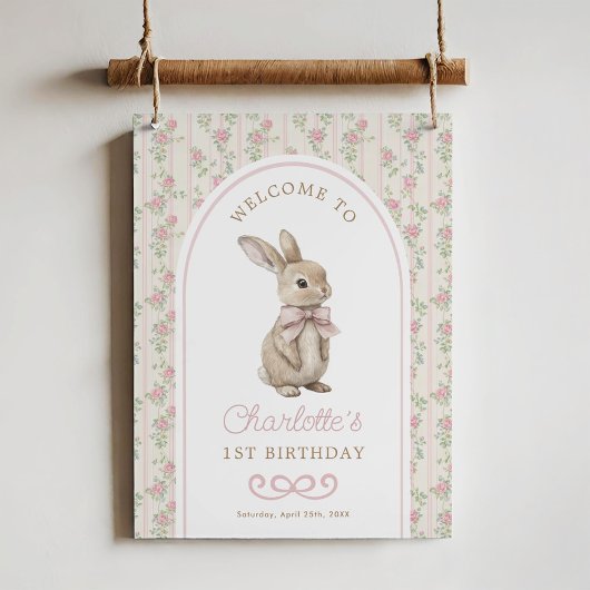 Poster Lapin rose lapin vintage Bienvenue Anniversaire