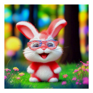 Poster Lapin rouge portant des lunettes américaines-44244