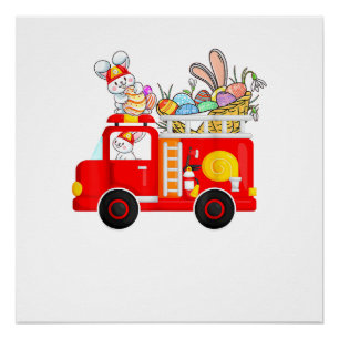 Poster Lapin roulant sur un camion de pompiers Jour de Pâ