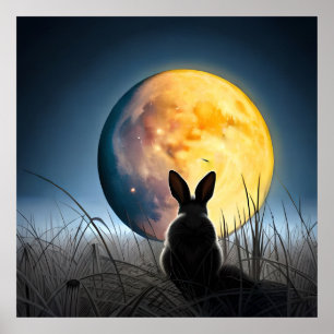 Poster Lapin sous la lune