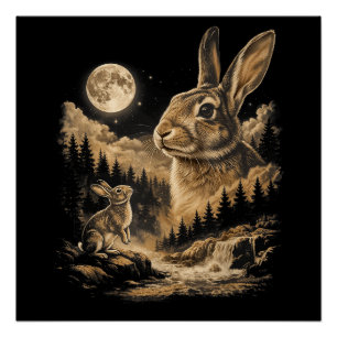 Poster Lapin Vintage Hurleur à la Lune Art de Nuit de Lap