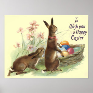 Poster Lapins de Pâques Marron Vintage dans un Panier, ZS