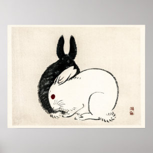 Poster Lapins noirs et blancs vintage par Kōno Bairei