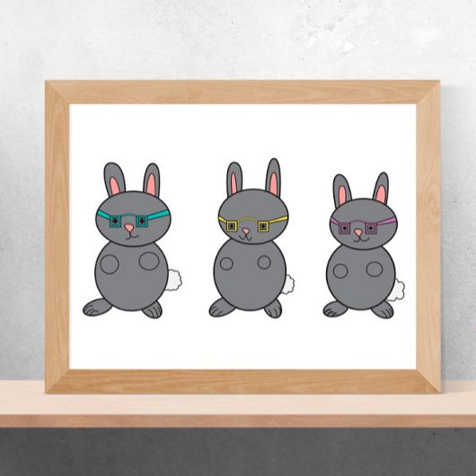 Poster Lapins Portant Des Lunettes Gris